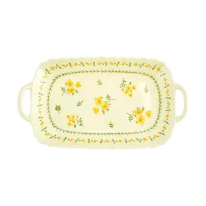 Golden Lion 12-inch Japanese Pastoral Style Rectangular Platter, Yellow Glaze Spring Blossom Design with Double Handles, 31x17.3x4.2cm