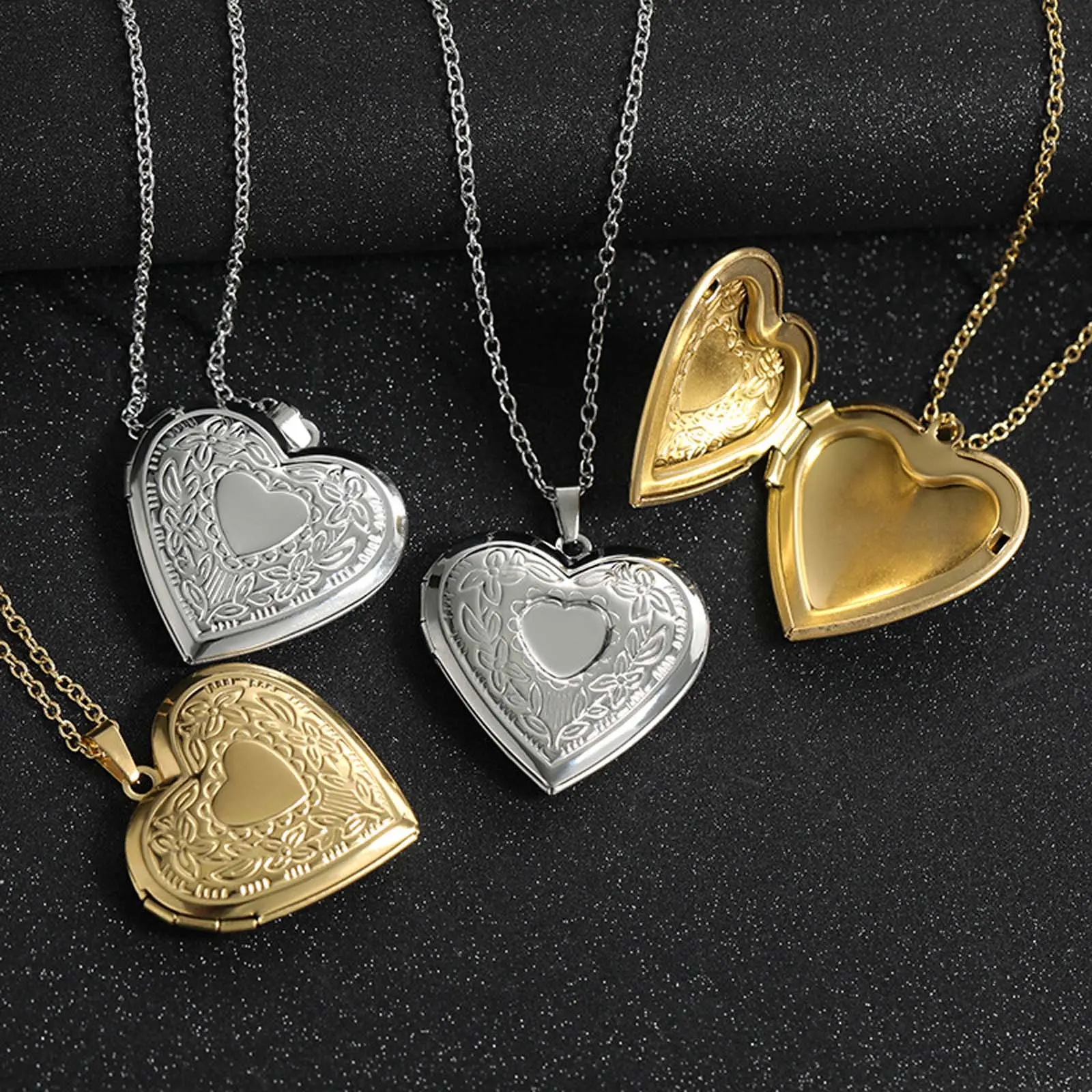 Stainless Steel Openable Heart Locket Necklace - Floral Design Chain, Photo-Insert Personalized Jewelry, Gifts for Women, Stylish Everyday Party Accessory