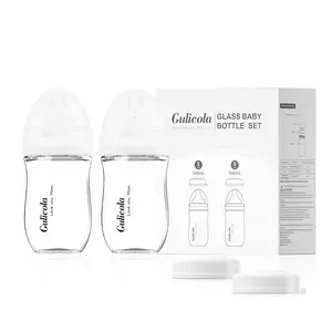 Gulicola Natural Glass Baby Bottle for Breastfeeding Babies, Newborn Anti-Colic Bottle Set , 0 Months+, 3oz&5oz&8oz, 2 Pack - White&Pink
