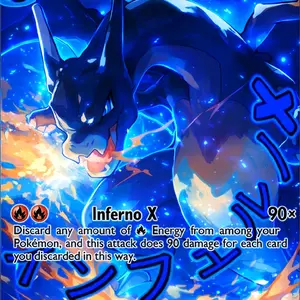 Dark Blue Mega Charizard X EX Custom Card - Fan Art Full Art Holo - Kids toy gift collectible