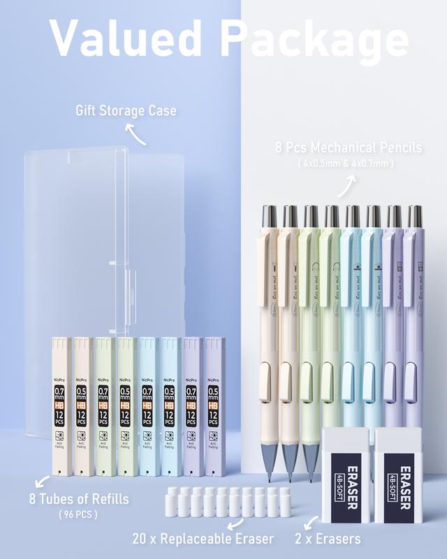 Nicpro 20Pack Pastel Mechanical Pencil Set, 8Pack Fast Click Aesthetic Lead Pencils 0.5 & 0.7 mm with HB Lead Refills, Erasers for Artist Drafting School Student Writing, Drawing, Sketching -with Case