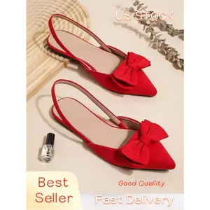 Apricot Satin Bow Knot Pointed Toe Slingback Ballet Flats With Strap, Elegant Comfortable For Commuting & Party, Spring Valentines