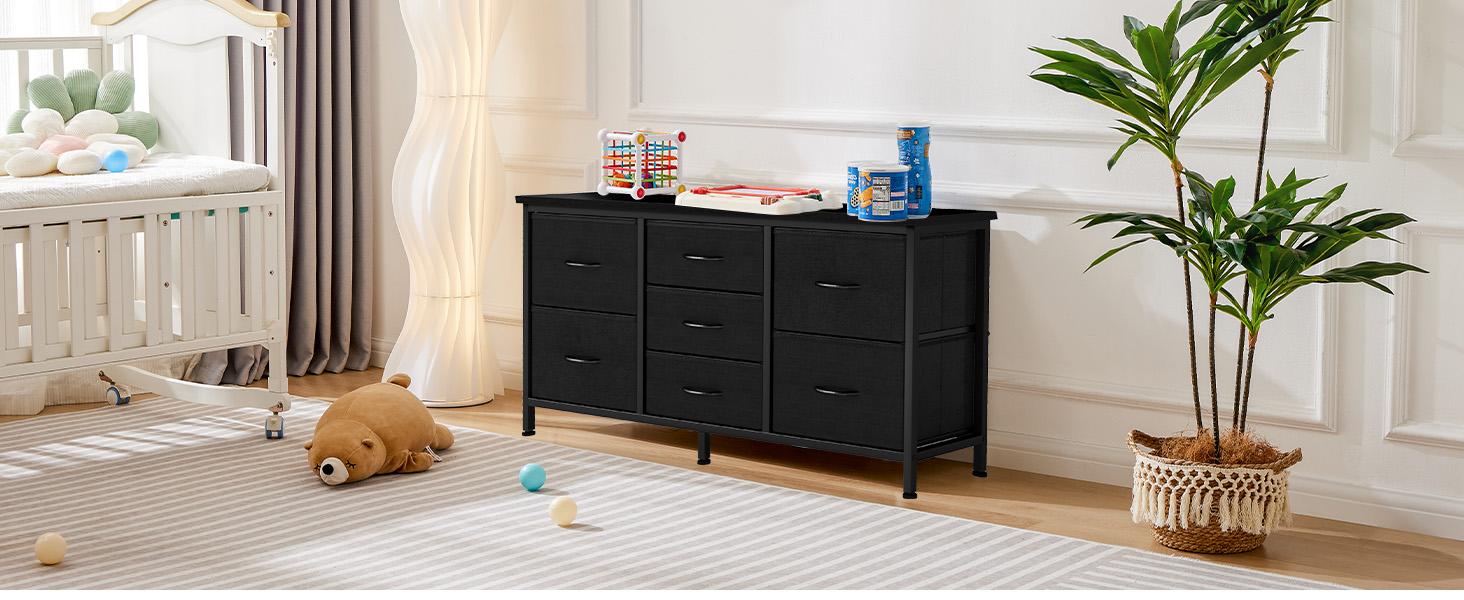 7-Drawer Fabric Dresser for Adults 47-inch TV Stand for Most 43 to 55 inch TVs Wide Storage Chest with Metal Frame Black