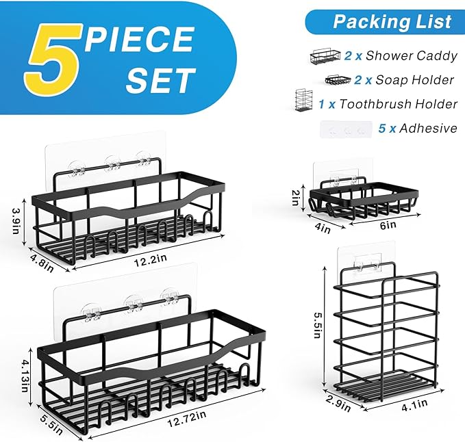 Rustproof Shower Caddy 5 Pack - Efficient Bathroom & Kitchen Storage with Shower Shelves, Durable & Easy to Clean, Black, Grey & Stainless Steel 3Pc-Black, Self-Adhesive Wall-Mounted Shower Caddy, Stainless Steel L-shaped