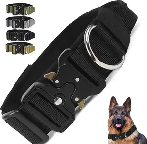 Tactical Dog Collar With Handle - Heavy Duty Military Thick for Medium and Large Dogs, Quick Release Metal Buckle, Adjustable & Comfortable 1.8" Wide (Black, L 16-19")
