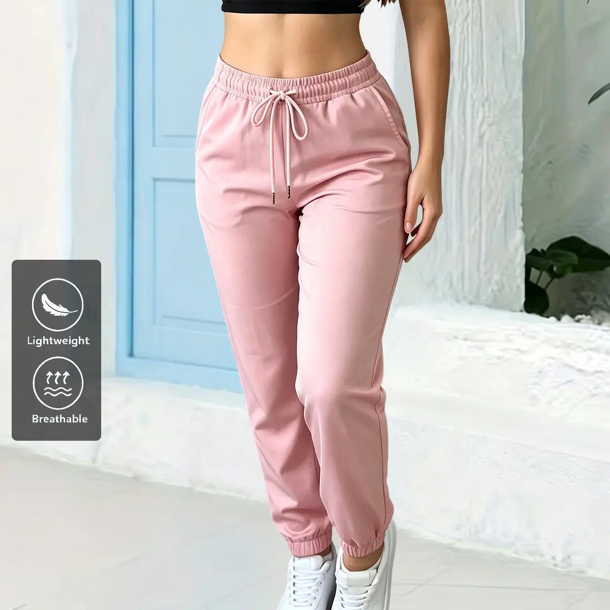 Women’s casual jogger pants with elastic waistband drawstring and pockets; loose fit, solid color; suitable for all seasons; comfortable clothing; loose pants with medium stretch; women’s jogging/sports/training pants; thin long pants.