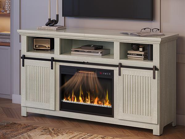 Bestier 60" Farmhouse Fireplace TV Stand for 65" TVs, Sliding Barn Door Entertainment Center with Electric Fireplace Heater, Adjustable Shelves & Storage Cabinets for Living Room