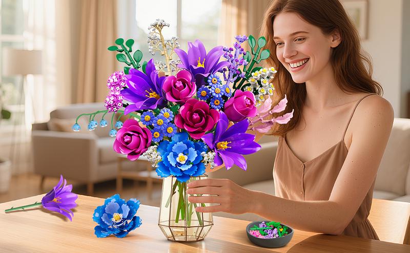 Valentines Flowers Bouquet Building Set with LED Light, 21 Flower Botanical Collection Block Toy, Rose Lily Home Plant Decor 1054PCS, Gifts for Her Adults Women Mom Kids Girls 12+