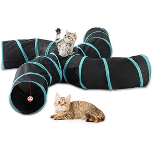 Cat Tunnel, 4-Way Cat Tunnels for Indoor Cats, Collapsible Cat Play Tunnel, Interactive Toy Maze Cat House with 1 Play Ball for Cats, Puppy, Kitty, Kitten, Rabbit