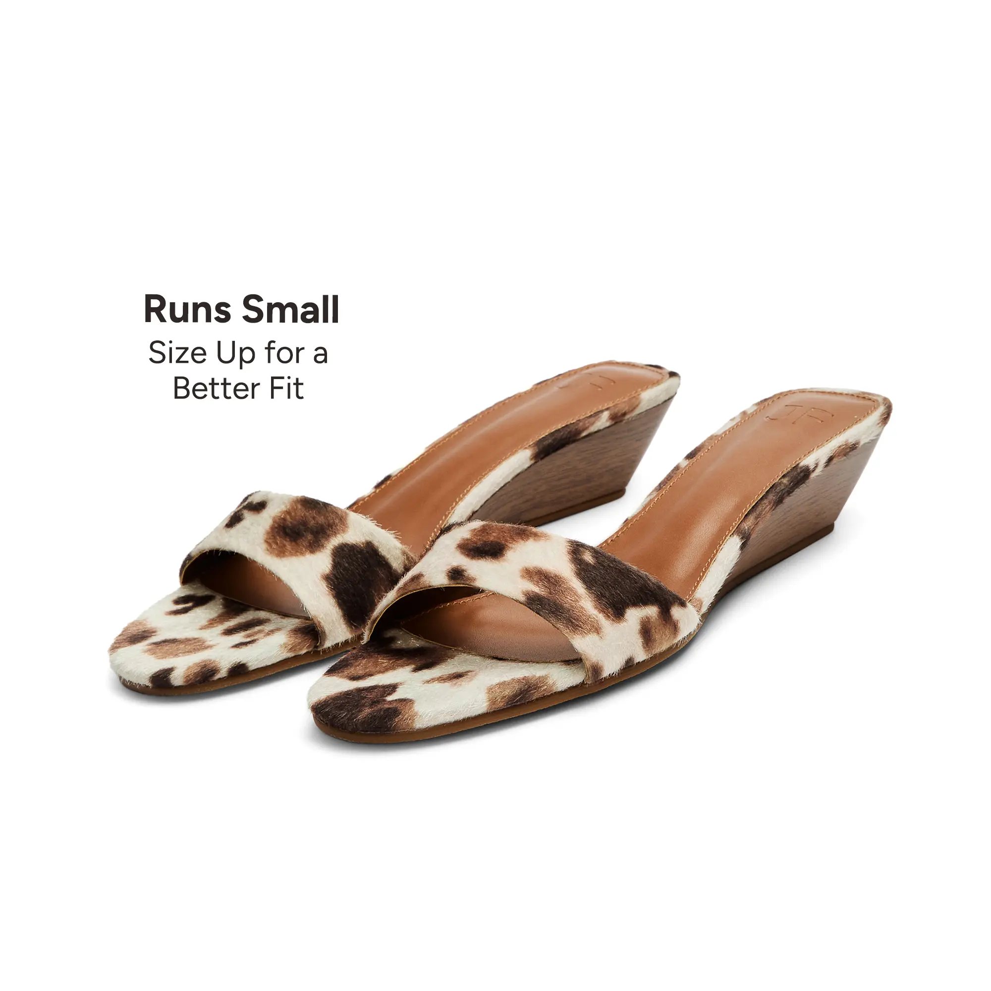 JUST FAB Women's Classic Faux Leather Cow Print Wedge Sandals - 1.5" Heel Wooden Slide, Casual Trendy Sandals, Slip-On Open Toe Single Strap, Memory Foam Padding, Non-Slip Outsole, Wide Feet Size Up (Runs Small), Minimalist Summer Comfort Heels, Casual Ou