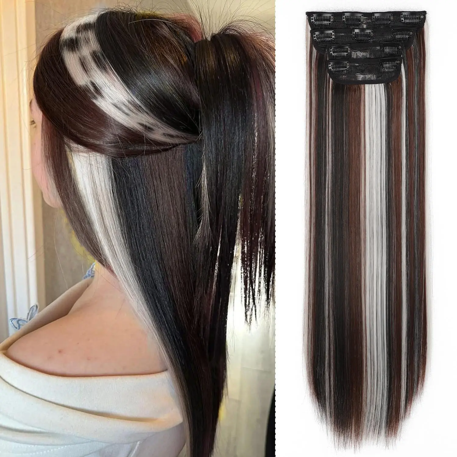 【Colorful】SummerVibes Clip in Long Straight/Wavy Synthetic Hair Extension 20Inch 4PCS Thick Hairpieces Fiber Double Weft Hair for Women Pinkish Purple mix Brown Black