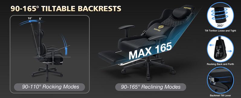 HOFFREE Gaming Chair Suede Fabric with Pocket Spring Cushion Massage Gaming Chairs with Footrest 165° Reclining Game Chairs for Adults Ergonomic Computer Chair for Gaming Office Black