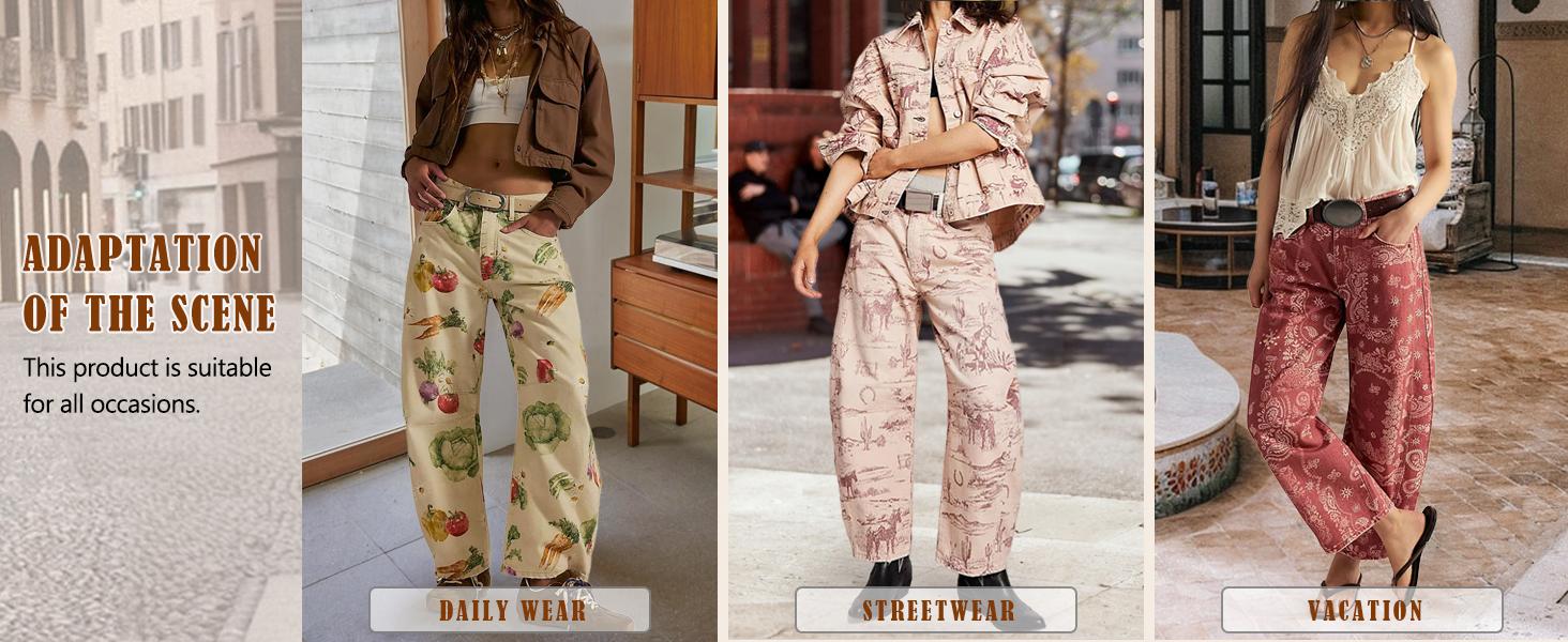 CHOUYATOU Women's Printed Wide-Leg Jeans Y2k Loose Mid-Rise Jeans in Soft Pink with Boho Floral Pattern Casual Denim Trousers SpringStatements