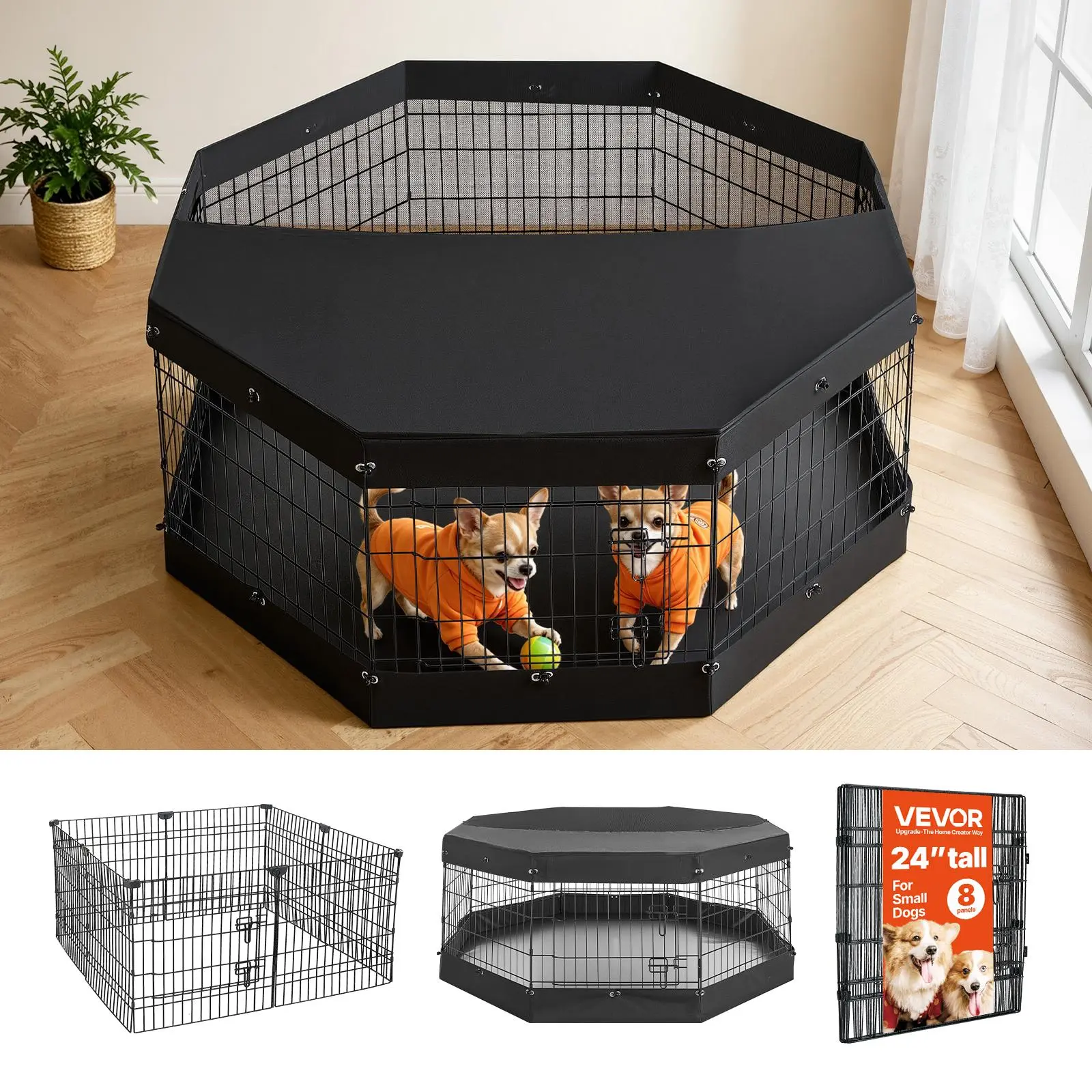 【SummerFinds】VEVOR Heavy Duty 24-Inch 8-Panel Dog Playpen with Top Cover, Bottom Pad & Door, Foldable Metal Pet Fence for Dogs, Compact Storage, Easy to Clean for Living Rooms, Bedrooms, Black