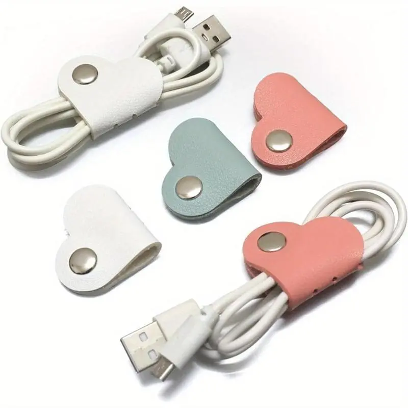 Random Color Heart Shaped PU Cable Organizer, 6 Counts/set Cute Cable Storage Clip, Anti-lost Cable Management Tool for Home Office, Desk Organizer