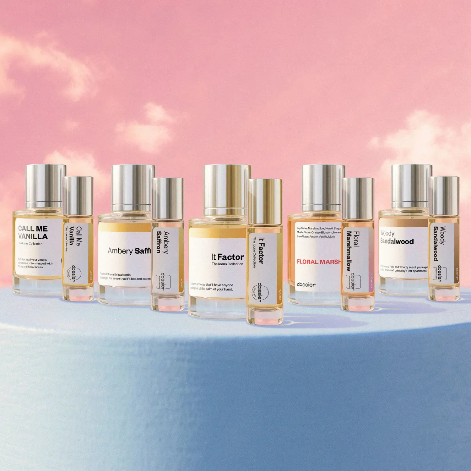 Dossier Travel Duo Bundle, UniSex Perfume Bundle, 50ml + 11ml, Ambery Saffron, Floral Marshmallow, IT Factor, Call me Vanilla, Woody Sandalwood