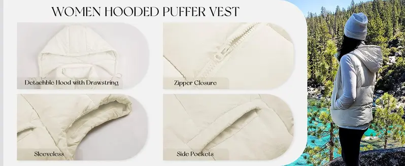 Tanming Womens Basic Hooded Puffer Vest Removable Hood Zip Up Sleeveless Jacket Lightweight Quilted Fall Winter Outerwear with Pockets