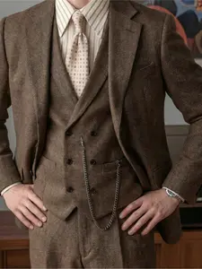 New Men's Retro Three-piece Set, Herringbone Tweed Suit, Fitted Wedding Ball Jacket, Vest And Pants