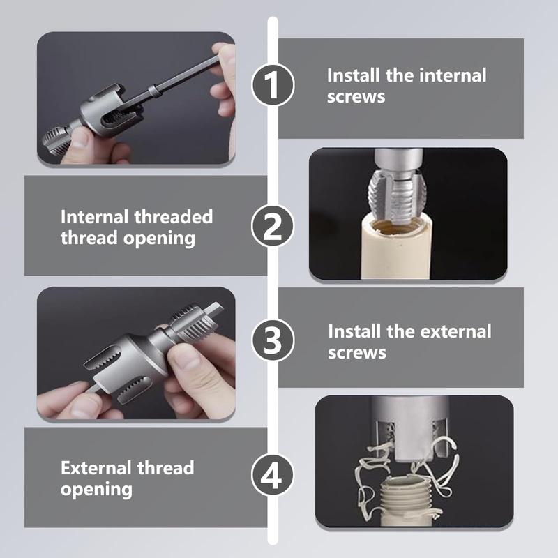 2PCS Integrated Internal & External Pipe Threading Tool with 1/2'' & 3/4'' Dies, Electric Drill Compatible 2 in 1 Pvc Pipe Threader Kit, Dual-Function Pipe Thread Cutting Tool