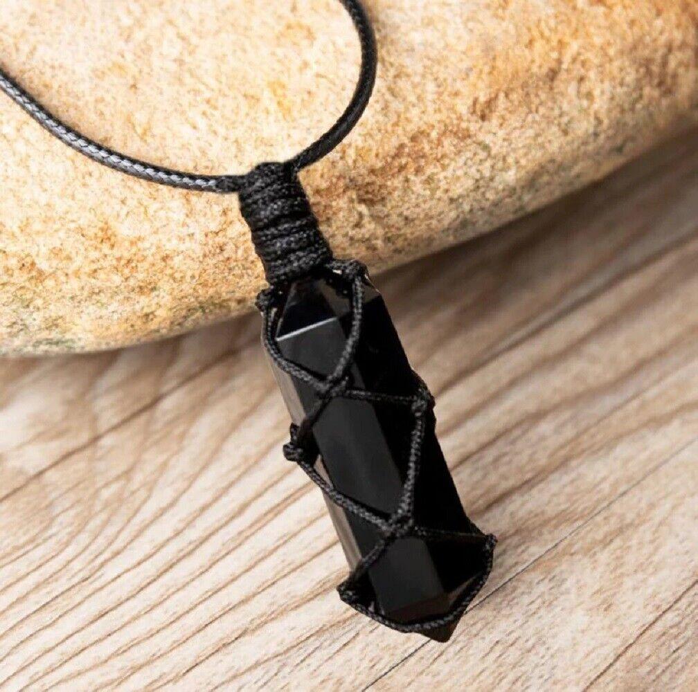 SOFIA Natural Obsidian Stone Pendant Necklace Black Gemstone Wrap Necklace Adjustable Rope for Daily Use