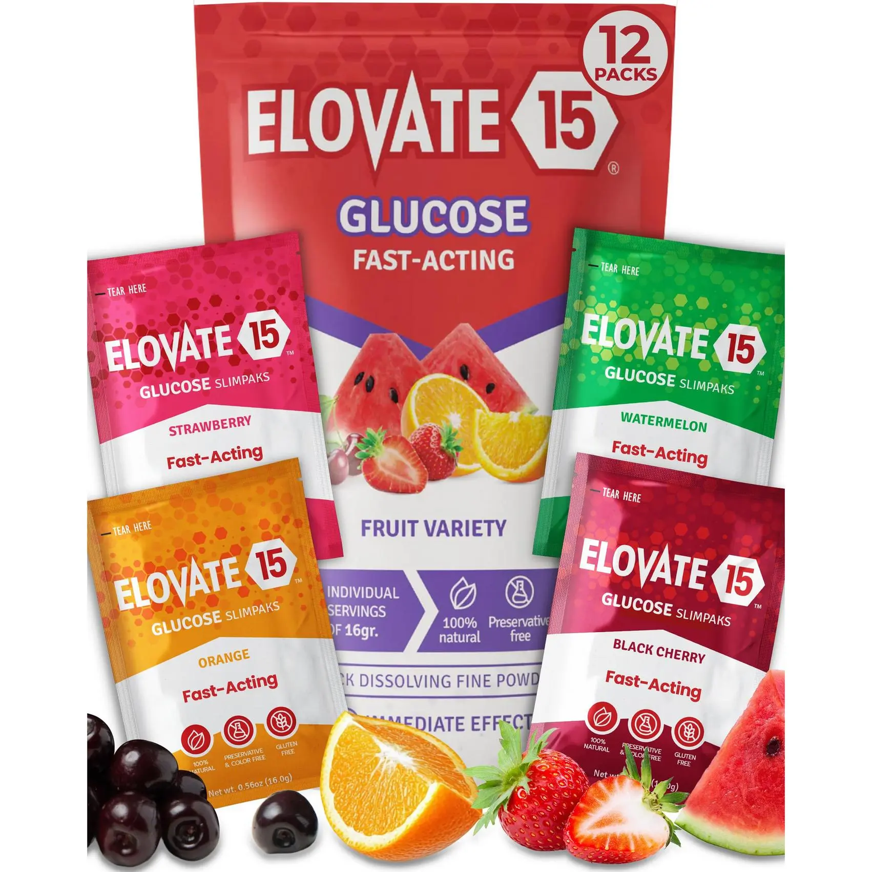 Fast Acting Glucose Powder Packets Fruit Variety - Quick Dissolving, 15g Pure, Gluten-Free Glucose Packets | Oral Dextrose Powder for Kids & Adults | Easy-to-Carry Pocket Sized Slimpaks