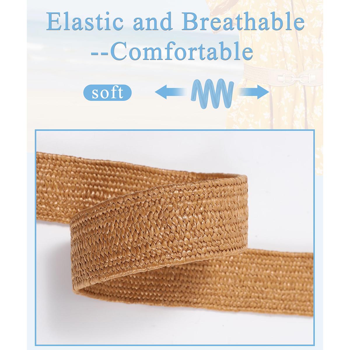 AWAYTR Women Boho Braided Belt Elastic Waist Ladies Straw Belts Metal Buckle Breathable Belt for Dress 2Pcs/Set TikTokShopBlackFriday