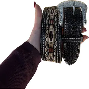 Ranger Beaded Southwestern Leather Belt – Black