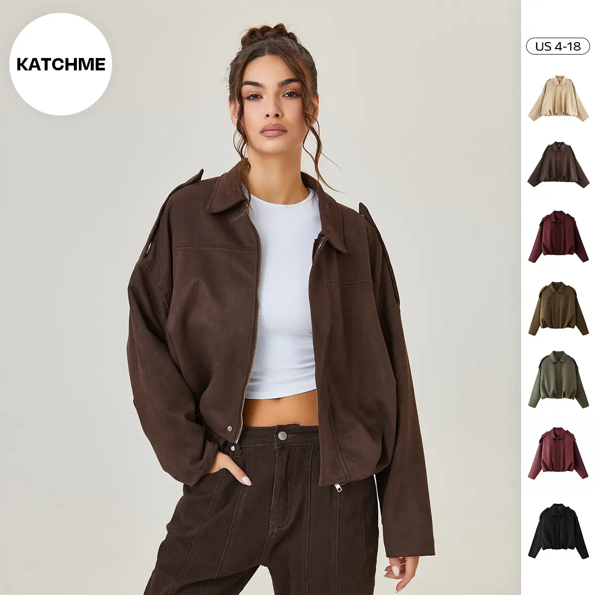 Katch Me Chic(US/CN)Women's Winter Vintage Collared Zipper Long Sleeve Jacket, Cozy Solid Color Oversized Outerwear for Lady, Versatile Loose Outfits for Daily Wear, Soft Womenswear #TikTokMadeMeBuyIt #SohoChic #ComfyOutfit