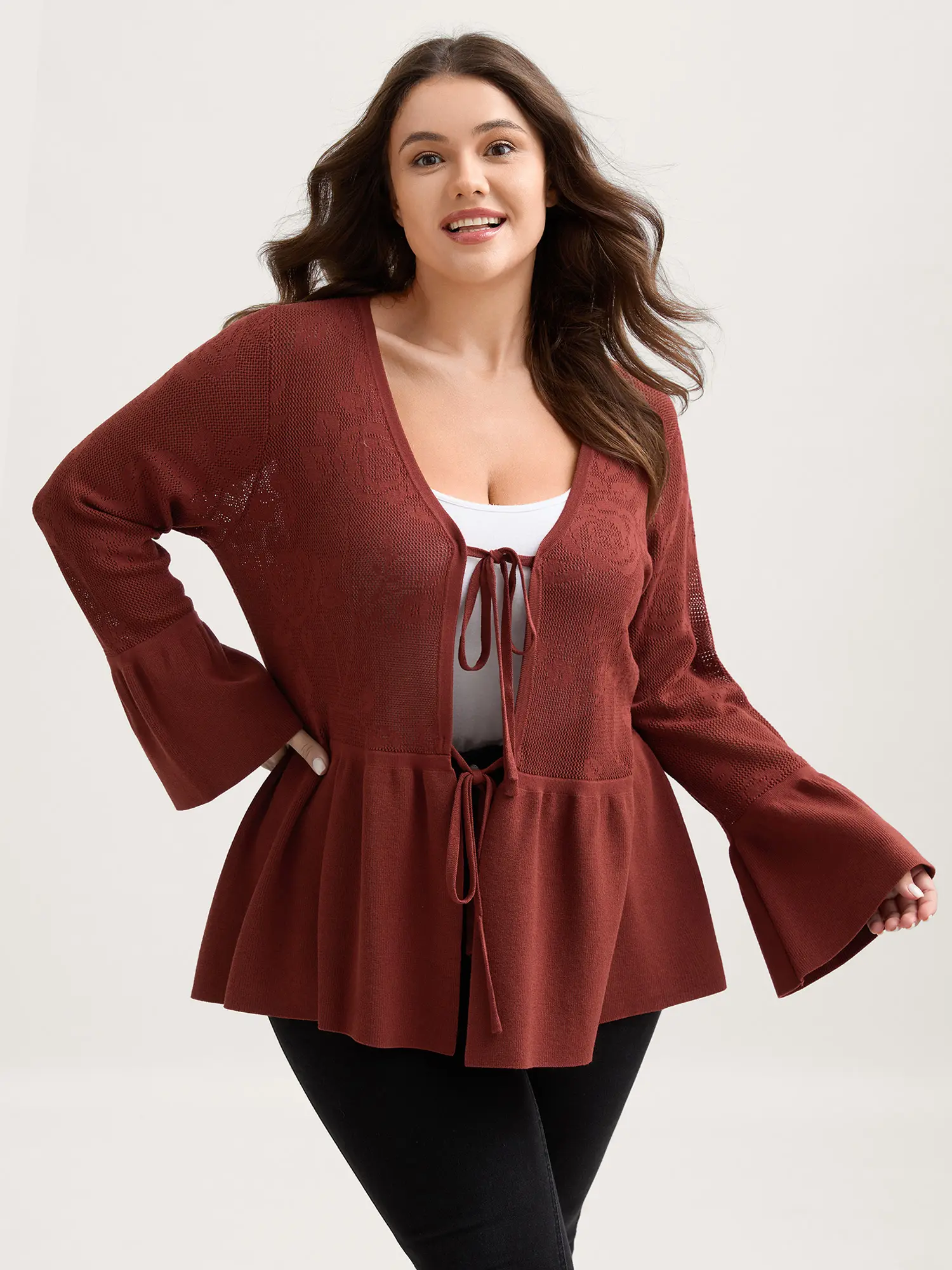 Women's Plus Size Chic Knit Cardigan Top - V-Neck, Knot-Front, Long Ruffled Bell Sleeves, Soft Rayon Blend Fabric, Natural Flowers, Low Iron, Regular Length, Easy Layering, Elegant 10/M Plus Size Tops