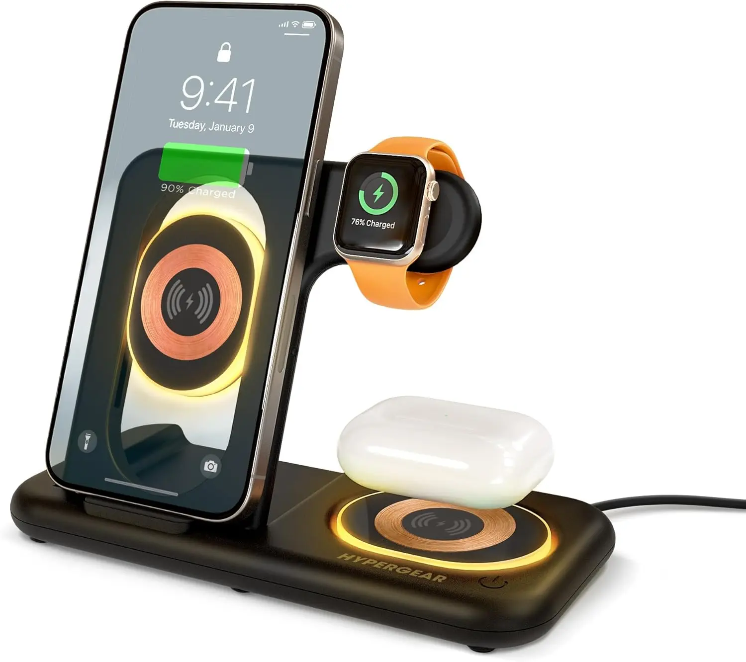 HyperGear PowerFold X-Ray Wireless Charging Station - 4-in-1 Phone Charger Stand for Multiple Devices, Foldable 15W Phone & Watch Charger Station, Compatible with Apple Devices