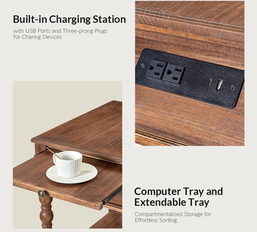 Hulala Ira 26" Tall Farmhouse Solid Wood End Table with Built-in Charging Outlets, Computer Tray and Extendable Tray, Built-in Charging Outlets, Traditional and Farmhouse Style, Solid Wood Construction, Versatile Functionality