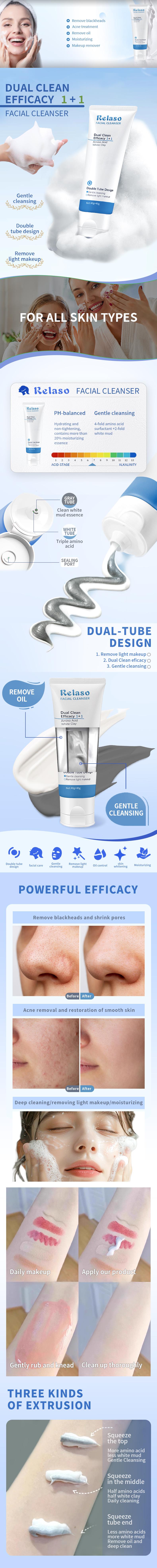 Hydrating Dual-Tube Facial Cleanser with Amino Acid & White Clay - Deep Cleansing, Oil Control, Gentle Foaming, pH-Balanced Cleansing Moisturizing