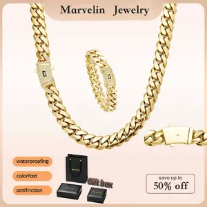 2026New technology anti-rust new MarvelinJewelers 14K Gold-Plated Cuban new anti-rust technology Bracelet & Necklace Set Waterproof Fade-Proof Hypoallergenic 6-14mm Sizes Timeless Shine for Every Look Valentine's Day gift