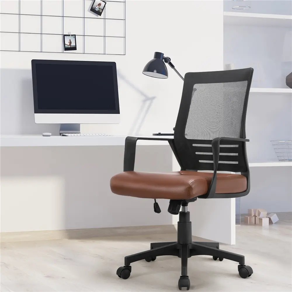 Costoffs PU Leather Ergonomic Office Desk Chair - Mid Back, 360-Swivel, Lumbar Support, Padded Seat, Height Adjust, Mesh Back, Padded Arms, Casters, Brown Home Office Furniture for WFH Setup & Supportive Sitting