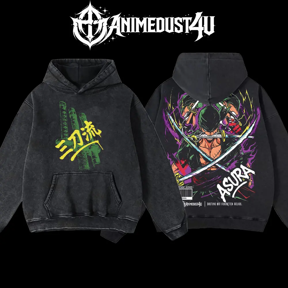 AnimeDust4U Retro Vintage Roronoa Zoro Santoryu One Piece Hoodie 100% Premium Cotton Oversized Fit Pre-Washed Classic Top American Made 230gsm