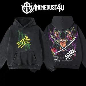 AnimeDust4U Retro Vintage Roronoa Zoro Santoryu One Piece Hoodie 100% Premium Cotton Oversized Fit Pre-Washed Classic Top American Made 230gsm