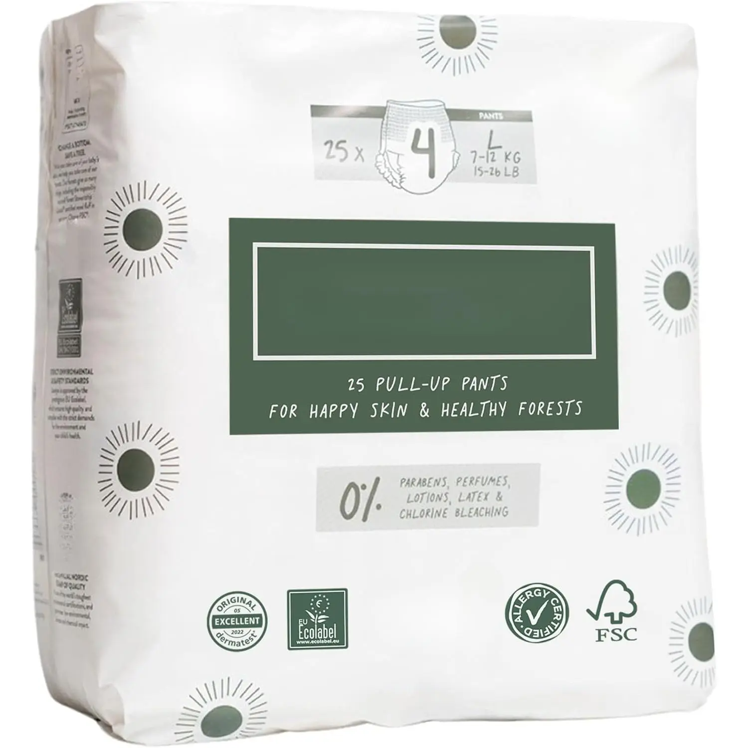 Pull-Up Pants Baby Diapers, Size 4 L (15-26 lb) - 1 Bag 25 - NonToxic, Eco-Friendly, Ultra Slim, Overnight Use - Made in Denmark