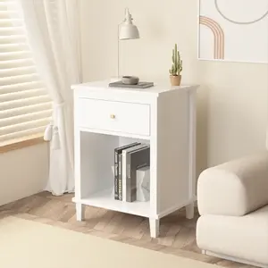 ️ White & Gold Nightstand with Drawer & Shelf – 26.8” Bedside Table for Bedroom, Kids Room & Small Spaces!  Modern MDF Nightstand with Golden Handles, 40 lbs Top Capacity – Perfect for Lamps, Books, Toys & Bedroom Storage Organizer!