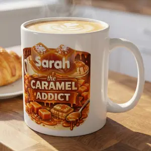 Personalized Printed Ceramic Reusable Mug - Caramel Addict Themed Washable Drinkware for Daily Beverage Use