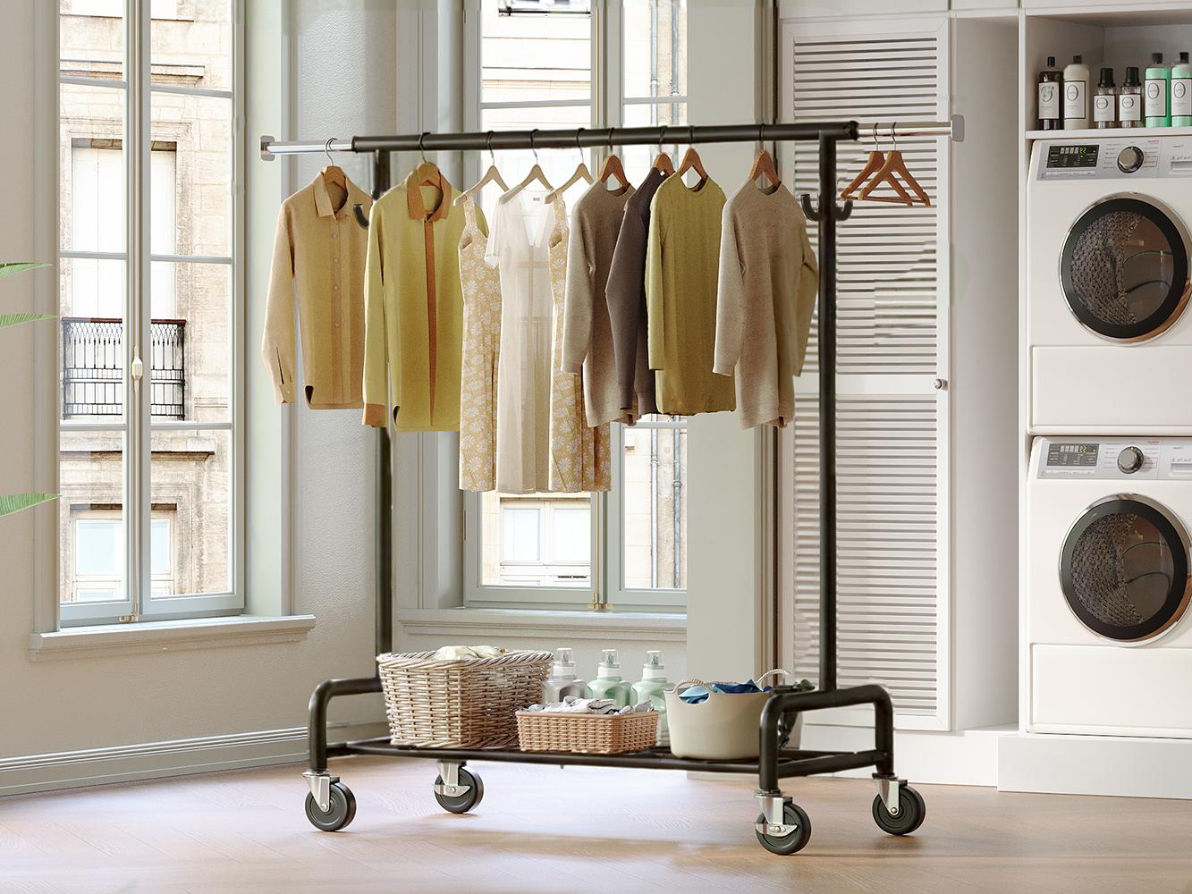 Raybee Heavy Duty Clothes Rack Load 450 LBS, Clothing Racks for Hanging Clothes Rolling Garment Rack with Wheels & Shelf,Portable & Adjustable Coat Rack ,Chrome, Golden