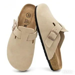 Unisex Round Toe Cork Footbed Clogs,Clogs for Women  Mens Suede Soft Leather Clogs  Potato Shoes Slide Outdoor Gym Shoes with Arch Support Flat Buckle Clogs Retro Fashion Walking Shoes Slippers