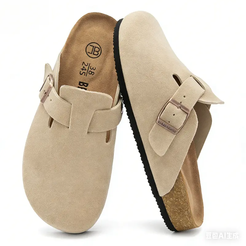 Unisex Round Toe Cork Footbed Clogs,Clogs for Women  Mens Suede Soft Leather Clogs  Potato Shoes Slide Outdoor Gym Shoes with Arch Support Flat Buckle Clogs Retro Fashion Walking Shoes Slippers