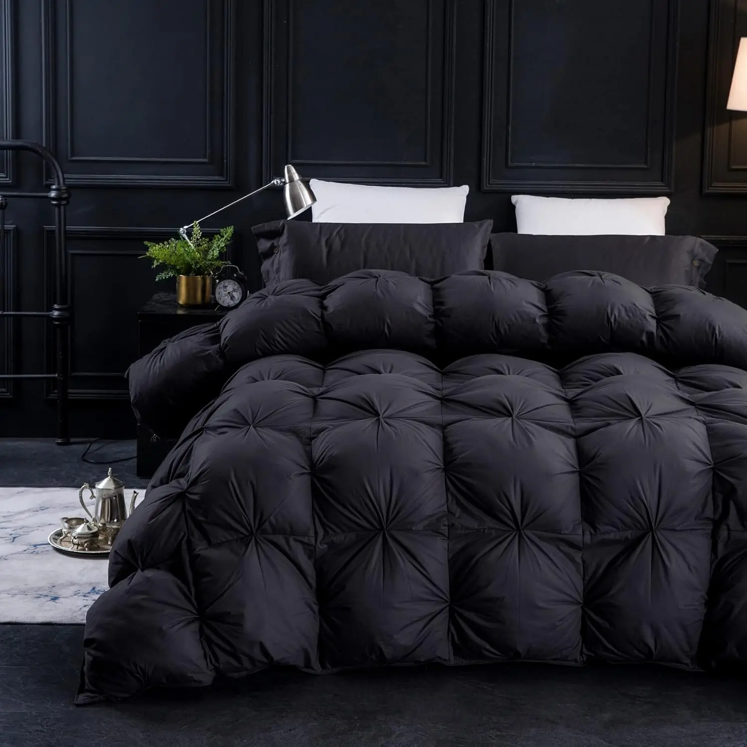 ThreeGeese Pinch Pleat Waterfowl Feathers and Down Comforter Queen Size Duvet Insert, 1200TC 100% Cotton Fabric, Premium All Seasons BlackGrey Warm Hotel Comforter with 8 Tabs.