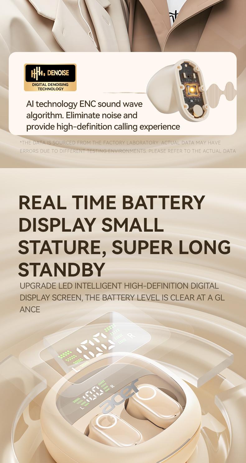 Acer OHR513 Wireless Earphone,In-ear Design Earphones with Digital Cal, LongStandby Headset for Men & Women, Audio Earbud Electronic ear headphone fast charge Black