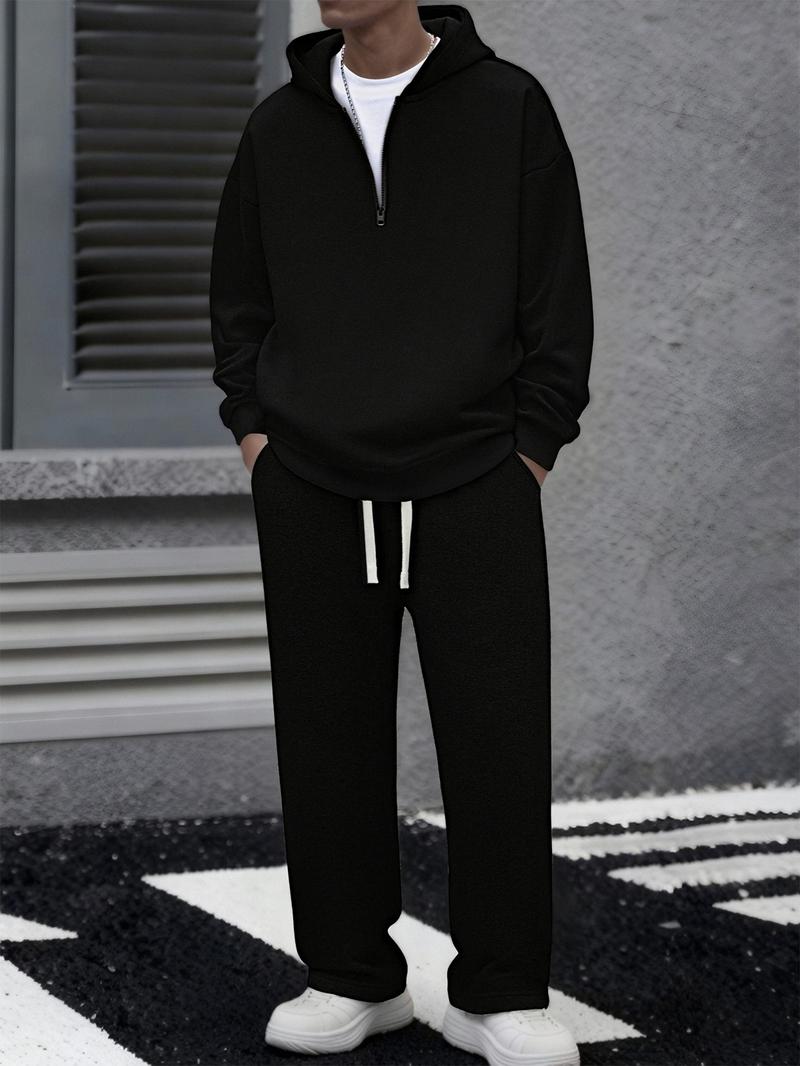 Men's solid color half zipper hooded casual pants two-piece set super soft, breathable, lightweight pullover sweatshirt with adjustable drawstring cap, large pocket, loose fit, daily leisure travel, morning walk, outdoor errand, long sleeved