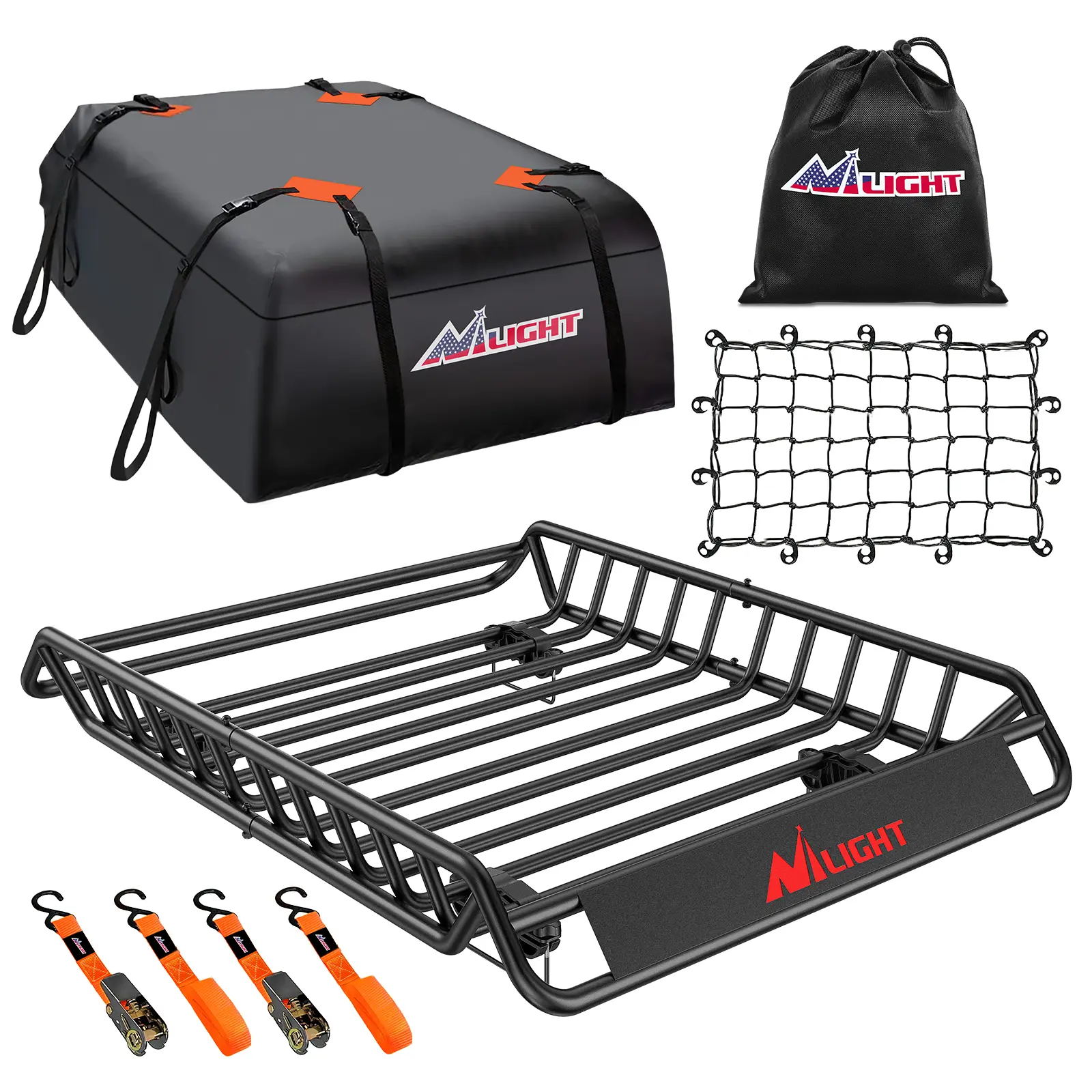 Nilight Steel Heavy-Duty Roof Rack Cargo Basket (51x36x5in, 200 lbs Capacity) with Waterproof Cargo Bag, Net, 2 Rainproof Ratchet Straps for SUV, Pickup Truck, Van | Automotive Accessories, Pickup Truck Accessories, Luggage, Roof Racks