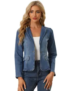 INSPIRE CHIC Stretchy Lapel Collar One Button Long Sleeve Lightweight Jean Denim Jacket