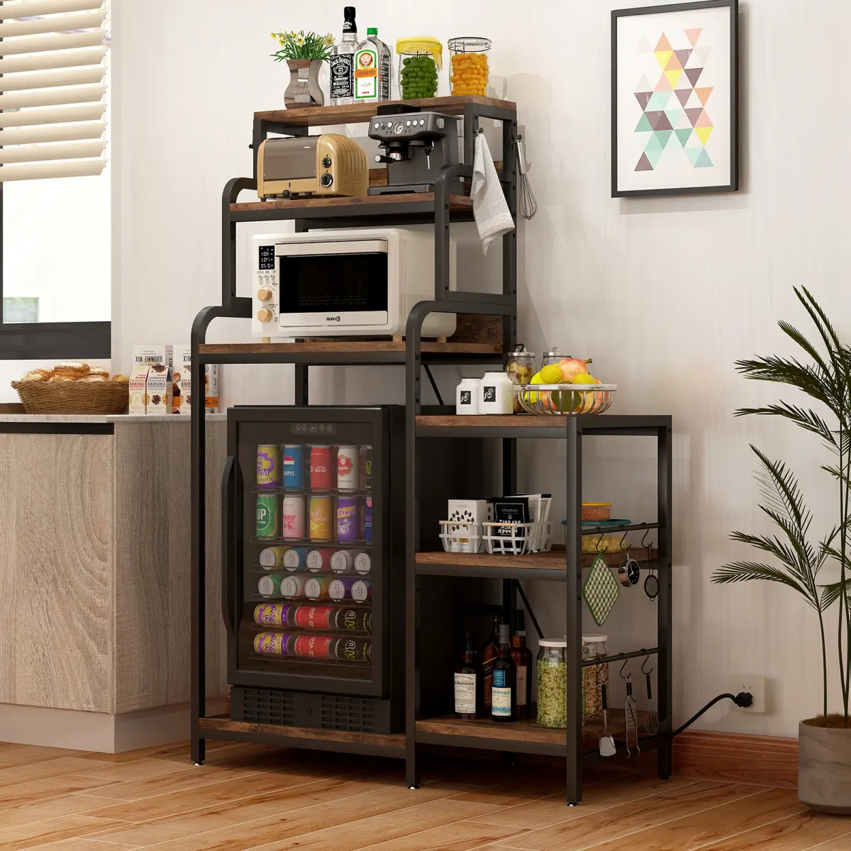 [Bellemave]Multifunctional 4-Tier /7-Tier Mini Fridge & Microwave Stand with 2 AC/2 USB Outlets - Coffee Bar & Bakers Rack Storage Shelf, Utility Storage Shelf, Mini Fridge Cabinet for Kitchen, Dorm, Living Room, BROWN
