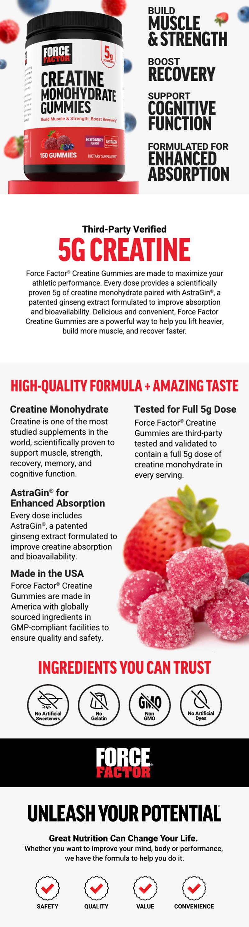 Force Factor Creatine Gummies, Creatine Monohydrate for Muscle Gain, More Strength, and Faster Recovery, Clinically Studied Creatine 5g Dose, Mixed Berry, 30 Servings