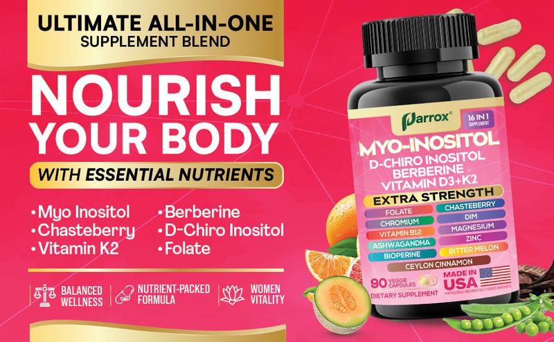 Parrox Myo-Inositol Supplement - Women's Hormones & Cycle Support - with D-Chiro Inositol & 13+ Extra Strength Ingredients - 90 Vegan Capsules - MADE IN USA Healthcare Vitamin